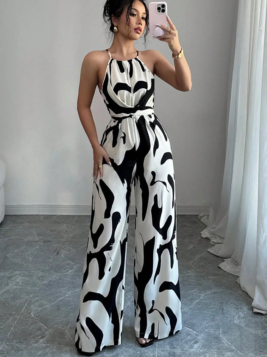 Fashion Women Jumpsuit Sexy Halter Print Sleeveless High Waist Lace-up Wide Leg Pants Long Jumpsuits Female Casual Lady Jumpsuit RT220