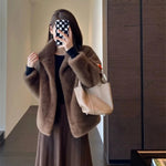 2024 Women Solid Color Stand Collar Mink Fur Top Female Long Sleeves Fox Fur Jacket Spring Autumn Lady Short Leather Fur Outwear RT220