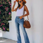 Women Jeans Bleached High Waist Flare Jean Zipper Fly Vintage Washed Loose Fit Denim Full Length Pants Pockets Basics Solid RT220