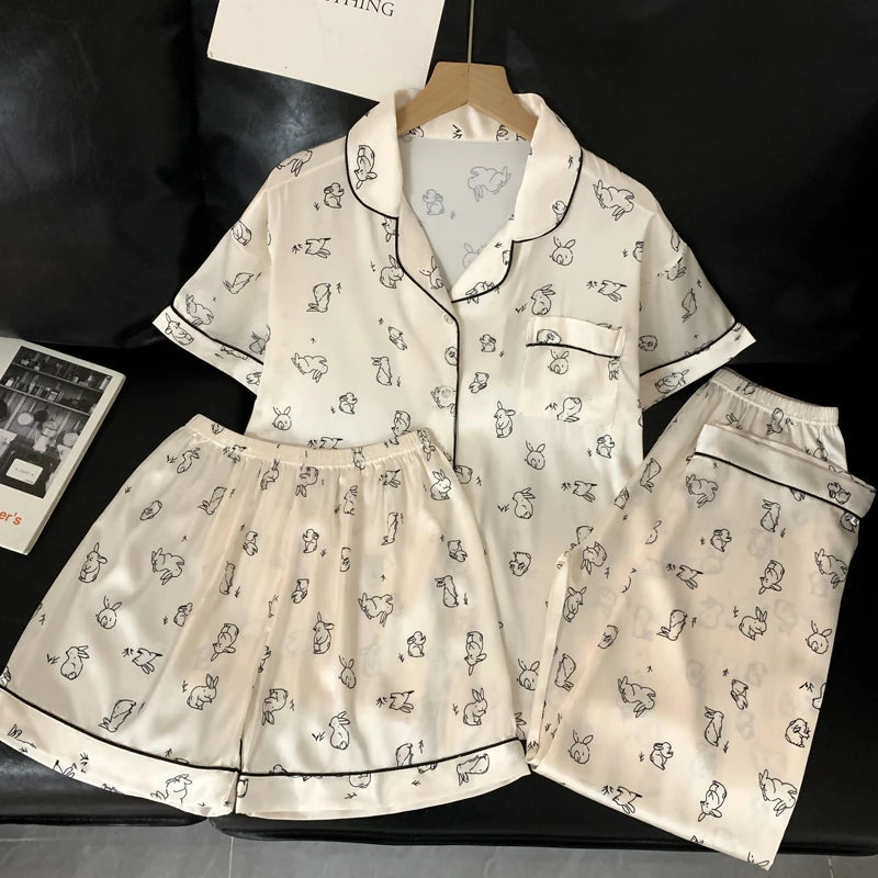 Honey Peach Print Lace Korean Ins Style Pajamas Women Y2k Three-piece Set Classy Sweet Cute Lady Lounge 2024 New Spring Homewear RT220