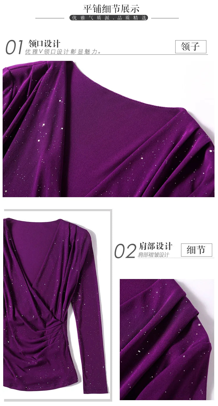 New Spring Women's T-Shirt Cross V-Neck Solid Color Bright Powder Slim Long-Sleeved Mesh Tops Elastic Bottoming Shirt RT220