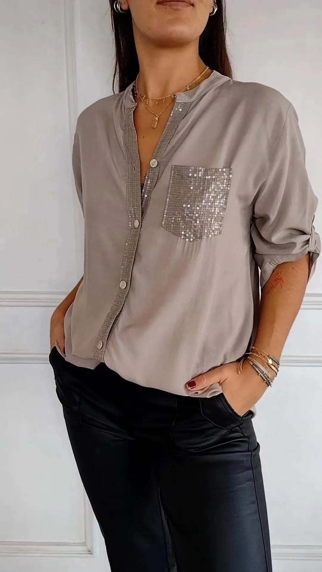Casual Loose Sequins Patchwork Shirt Blouse Women Fashion Button Long Sleeve Shirts For Women Spring Autumn Pocket Tops Femme RT220