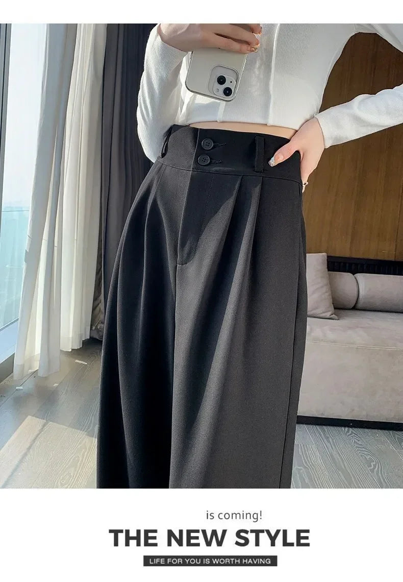 Elegant Wide Leg Pants Women Korean Style High Waist Black Baggy Pants Office Ladies Fashion Loose Suit Trousers Streetwear 2024 RT220