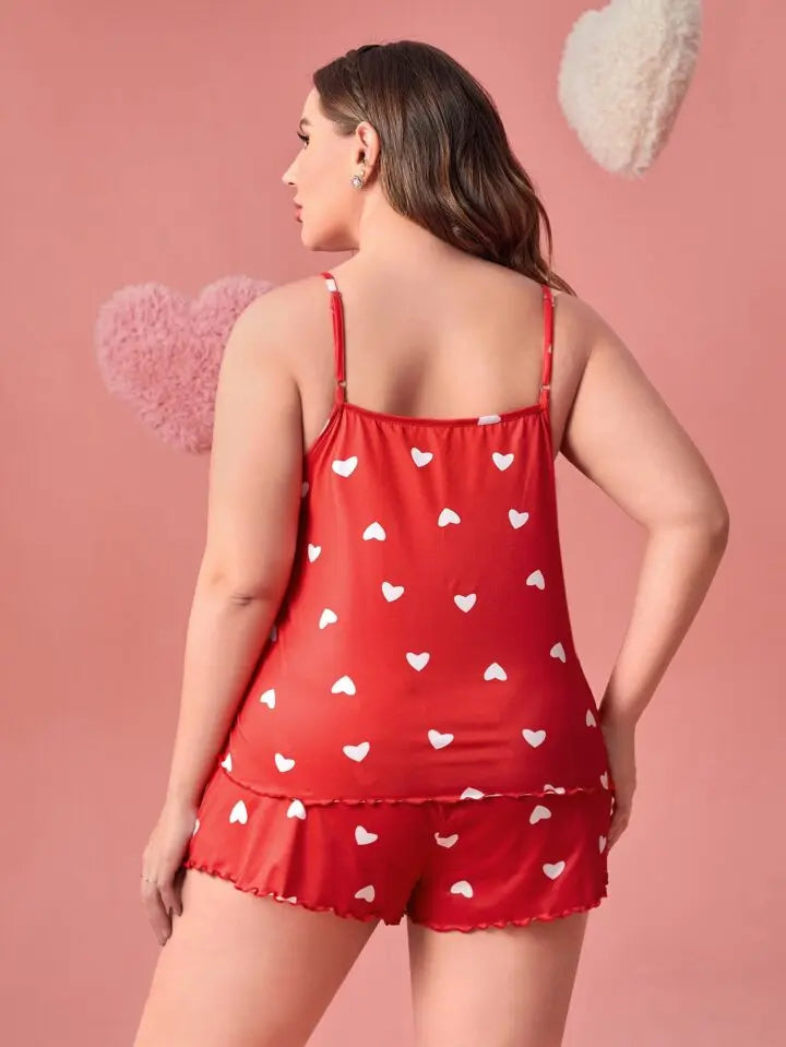 Plus-Size XL-5XL Women Pajama Set Nightgowns Cami Shorts Nightclothes  Sleeveless Nightwear Red Love Print Soft Sleepwear Summer RT220