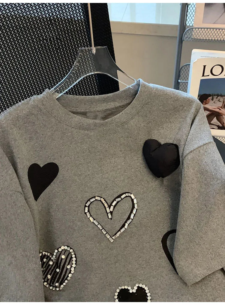 Women Three dimensional Love Ironing Short-sleeved T-shirt 2023 Summer New Casual Fashion Loose Grey Pullover Female RT220