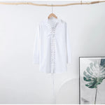 Fashion White Lapel Oversize Long Sleeve Shirts 2025 Spring New Weave Drawstring Blouse Lady Holiday Beach Street Chic Loose Top RT220