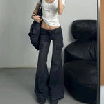 Streetwear Vintage Black Jeans Women American Y2K Slim High Waist Flare Denim Pants Female Casual Multiple Pockets Denim Trouser RT220