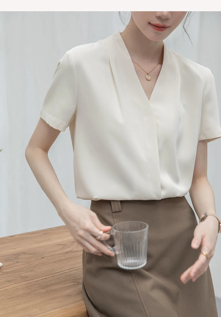 2025 Fashion Summer Short Sleeve V-Neck Women Blouse White Blouse Shirt Women Tops Blouses Shirts Blusas Para Mujer Camisas XL86 RT220