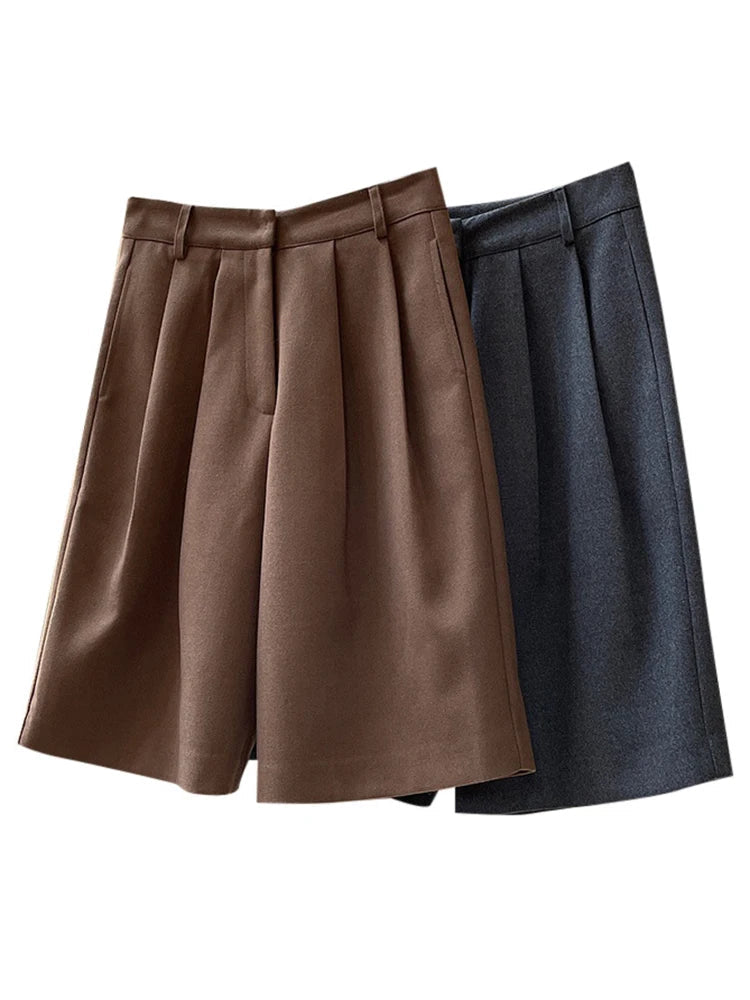 [LANMREM] Pleated Wool Shorts For Women High Waist Straight Office Lady Loose Clothing Korean Style 2025 Summer New 26D8692 RT220