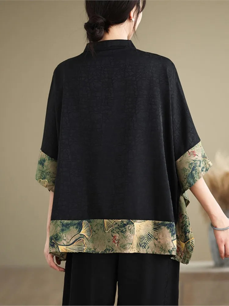 Oversized Summer Pullover T-Shirt Tops Women Print Patchwork Fashion Casual Loose Pleated Ladies Blouses Short Sleeve Woman Tops RT220