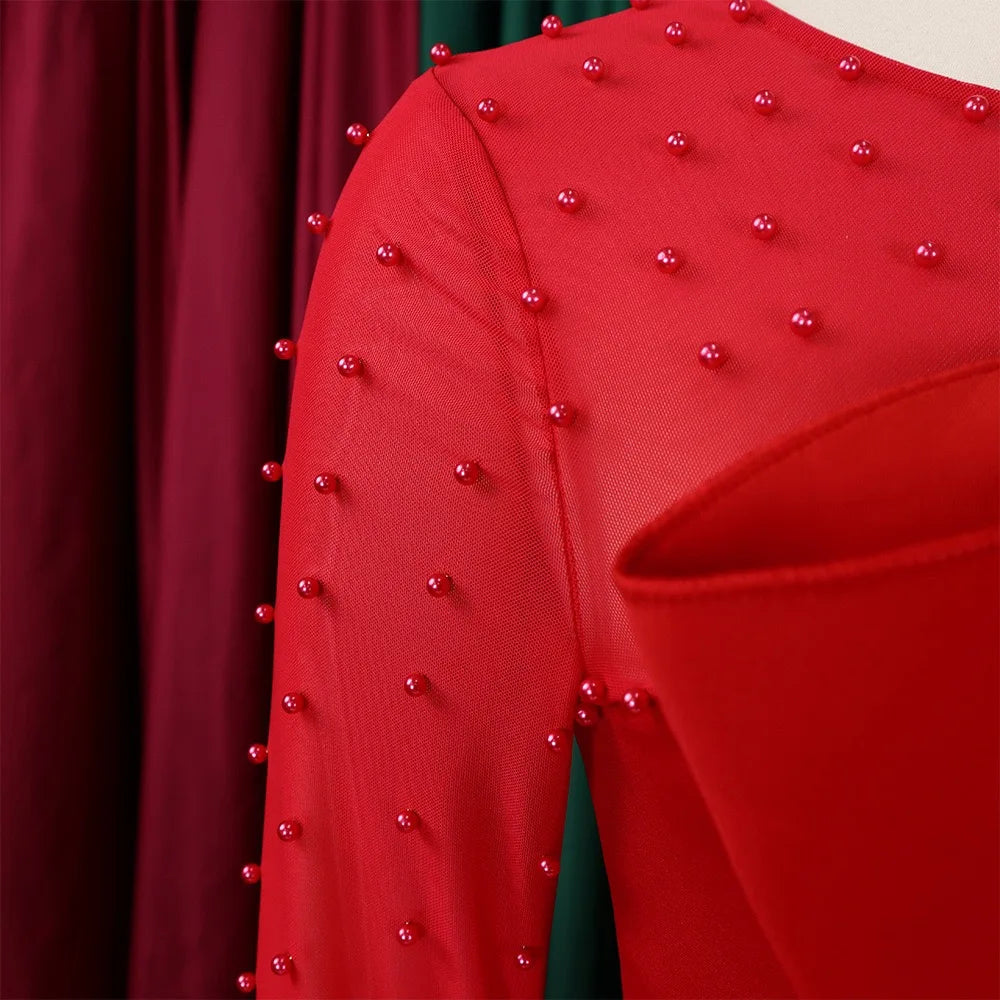 Luxury Jumpsuits & Rompers for Women Round Neck Beaded Transparent Sleeve High Waisted Elegant Female Birthday Party Overalls RT220