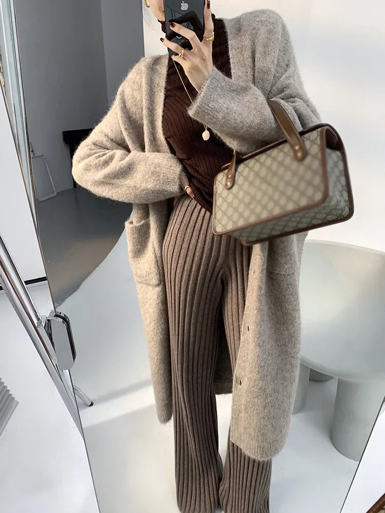 Autumn Winter Casual Thick Knitted Pant Women Long Trousers Elastic High Waist Kniting Wide Leg Pants Striped Pantalon RT220