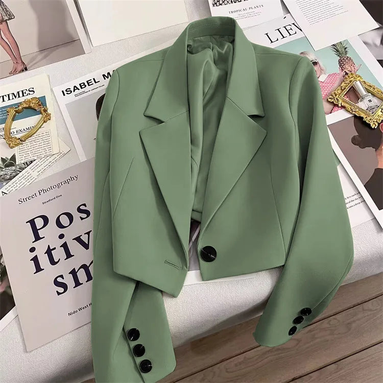 Korean Cropped Blazers Women Autumn Solid Color Simple Single-button Outwear Teens All-match Long Sleeve Office Lady Suit Jacket RT220