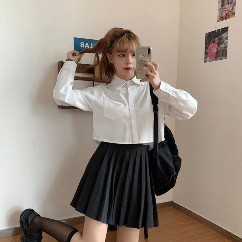 MEXZT Fashion Korean Pocket Cropped Blouse Women Casual Preppy Style Long Sleeve Short Shirt Fall Solid White All-match Y2k Tops RT220