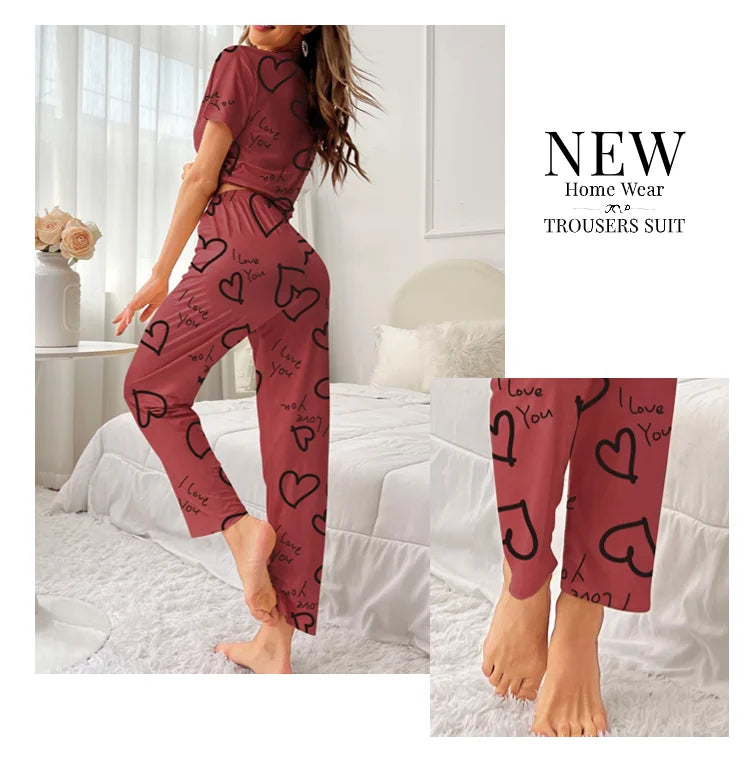 Autumn Fashion Home Pajama Suit Women Sleepwear Pijama Milk Silk Short Sleeve Top with Pants 2 Piece Pajamas for Ladies Lingerie RT220