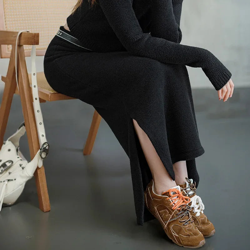 Maden Retro Knitted Skirt Solid Color Slit Fit with Single-side Slit Versatile A - line Skirt for Women's Autumn and Winter RT220