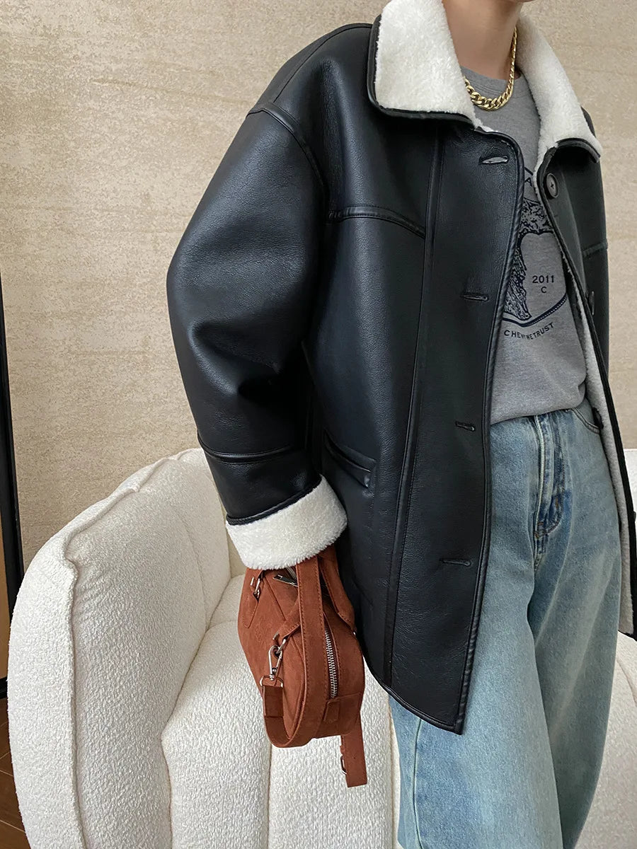 [LANMREM] Faux Fur Thick Warm Coats Lapel Single Breasted Office Lady Elegant Female Outwear Fashion 2025 Winter New 26C1095 RT220