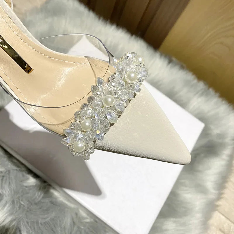 Summer Women Baotou Sandals 2024 New French Transparent Pointed Toe Crystal Stiletto Heel Sandals Pumps Zapatillas Mujer RT220