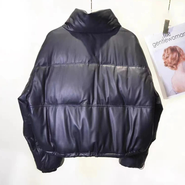 Women Leather Down Jacket Winter 2025 High End Genuine Sheepskin Down Coat Outdoor Thicked Warm Short Puffer Jacket Streetwear RT220