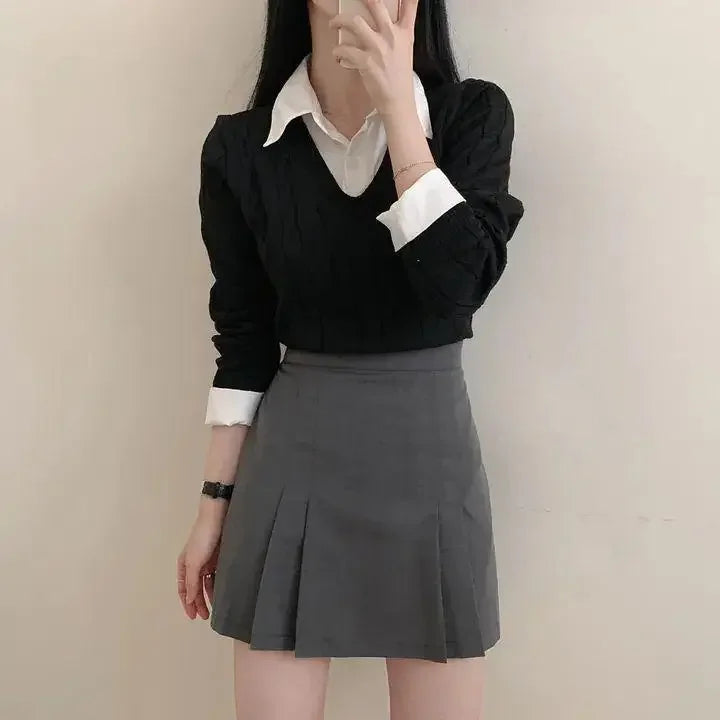 Korean Chic Spring and Autumn Age-Reducing Sweaters Retro Temperament Preppy Fake Two Pieces Shirts Twist Knit Women's Y2k Tops RT220