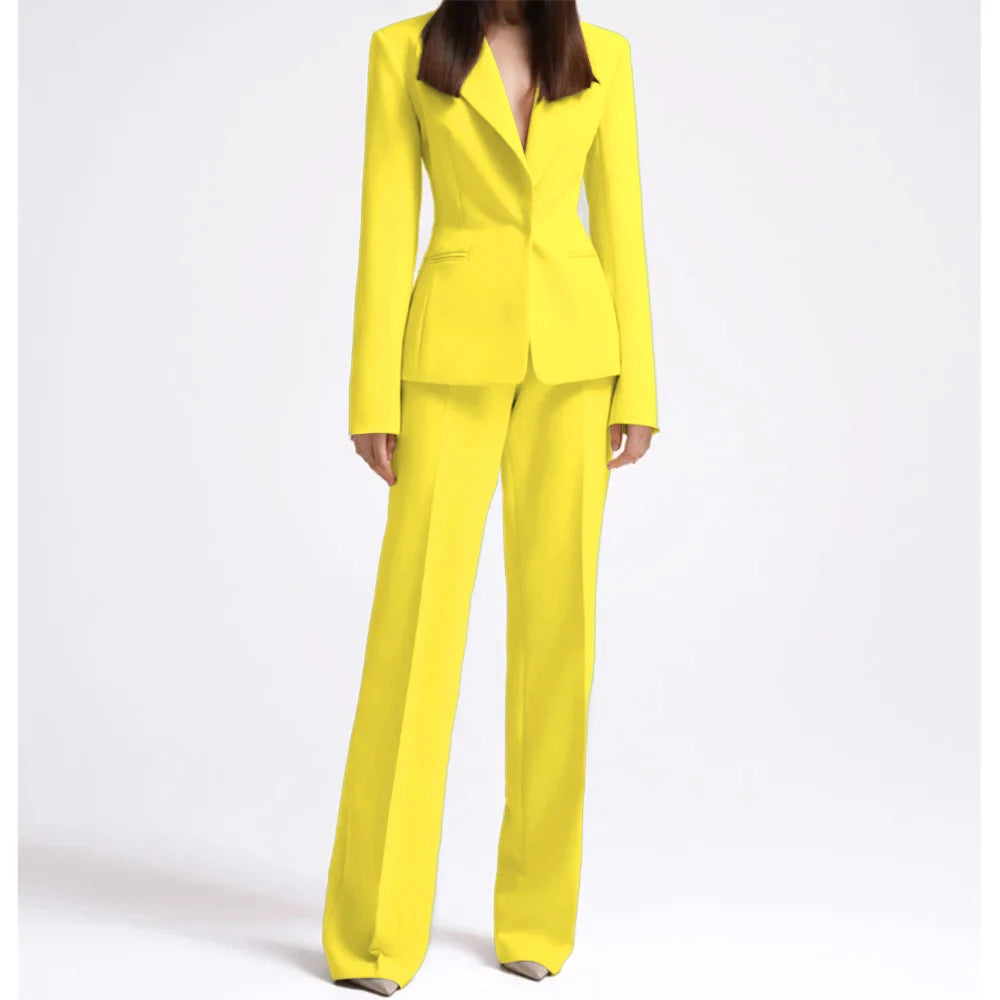 Office Lady Fashion Beige Women Suits One Button Peak Lapel 2 Piece Jacket Pants Slim Fit Smart Causal Conjuntos De Pantalones RT220