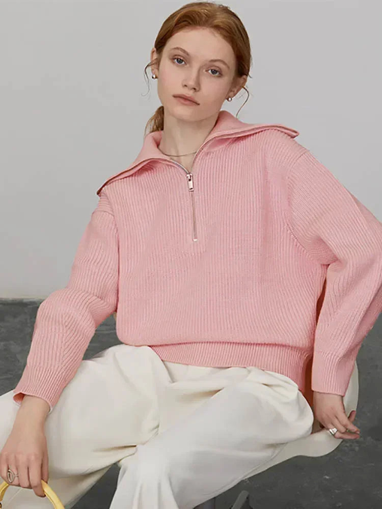 Fashion Women Sweaters 2025 LOOSE Zipper Design Pullovers Casual Solid Turtleneck Thickening Pink Knitted Winter Women's Sweater RT220