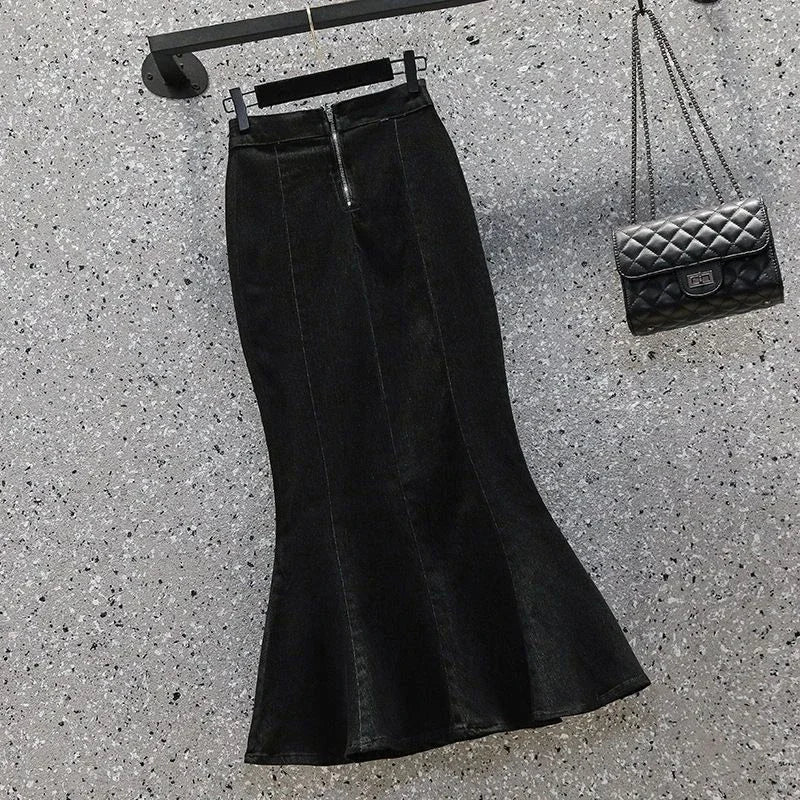 Rimocy High Waist Mermaid Denim Skirt Women Summer Trumpet Split Long Skirts Woman Korean Style Hip-Wrap Flare Middle Skirt RT220