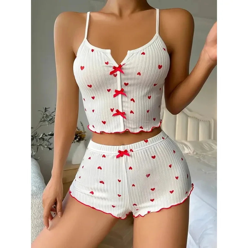 Sleepwear Women Pajamas Set Heart Print Soft Ribbed Fabric with Flirty Frill Trim Casual Cami Top and Shorts Sets Loungewear RT220