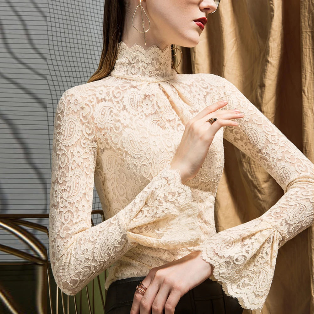 Women Paisley Flower Lace Shirt S-2XL Stretch Turtleneck Bell Sleeve Blouse Tops Pink Blue Coffee Green Fashion Ladies Blouses RT220