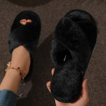 Women’s Cross Band Fur Slippers Indoor Furry Fuzzy Open Toe Shoes Home Cozy Warm Slides Double Straps Slipper Soft Sole Non Slip RT220