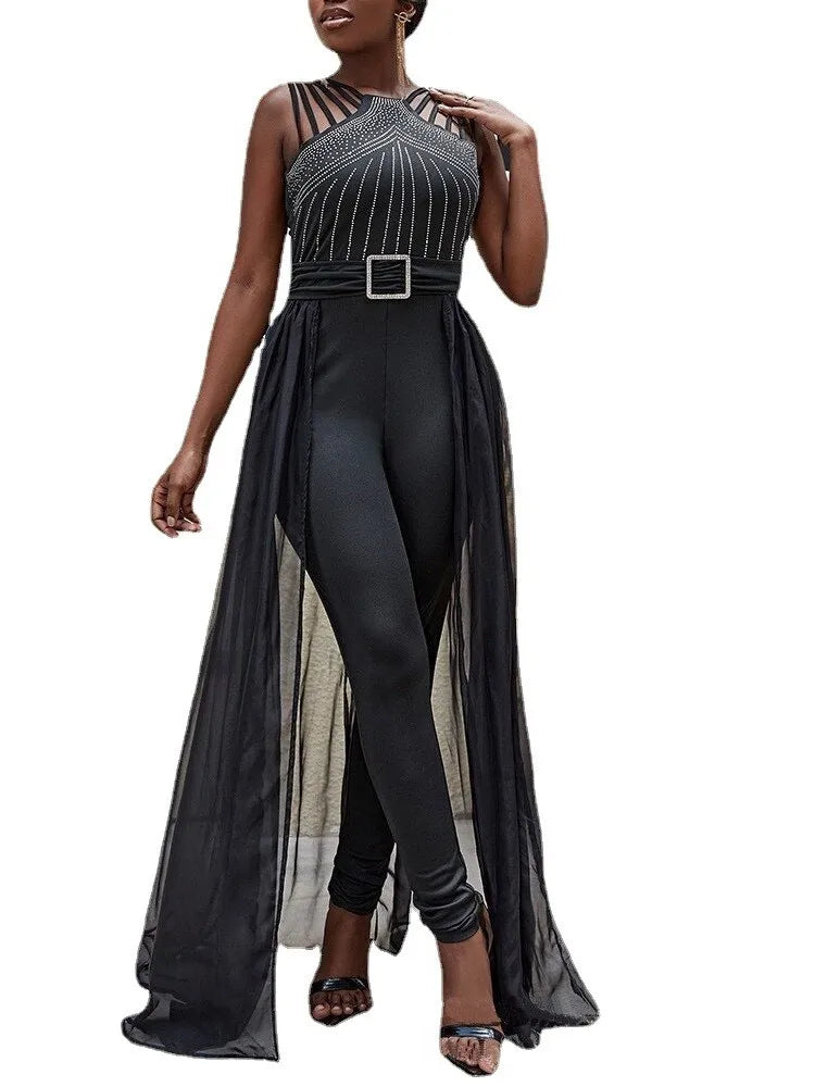 Summer Sleeveless Lace Up Women's Elegant Long Jumpsuit Fashion Hot Drill Waist Mesh Mop Slim Fit Female Party Jumpsuit 2025 RT220
