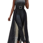 Summer Sleeveless Lace Up Women's Elegant Long Jumpsuit Fashion Hot Drill Waist Mesh Mop Slim Fit Female Party Jumpsuit 2025 RT220