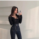 Sexy Tank Top Cropped Inner Strapless Long Sleeve Cover Up Outer Wear 2-piece Set Women's Summer Fashionable Suit RT220