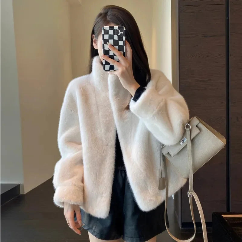 2024 Women Solid Color Stand Collar Mink Fur Top Female Long Sleeves Fox Fur Jacket Spring Autumn Lady Short Leather Fur Outwear RT220