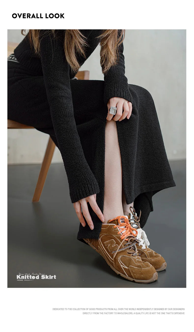 Maden Retro Knitted Skirt Solid Color Slit Fit with Single-side Slit Versatile A - line Skirt for Women's Autumn and Winter RT220