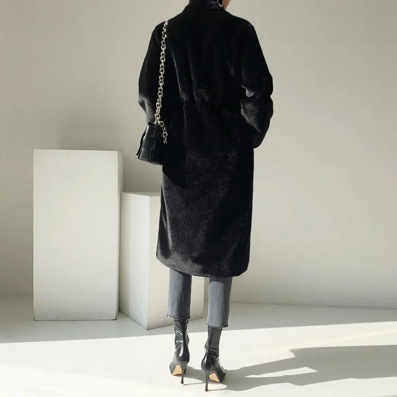 Faux Fur Coats Women Stand Collar Mid Length Long Coat Thick Maxi Warm Y2k Tops Open Stitch Elegant Autumn Winter Black Jackets RT220