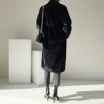 Faux Fur Coats Women Stand Collar Mid Length Long Coat Thick Maxi Warm Y2k Tops Open Stitch Elegant Autumn Winter Black Jackets RT220