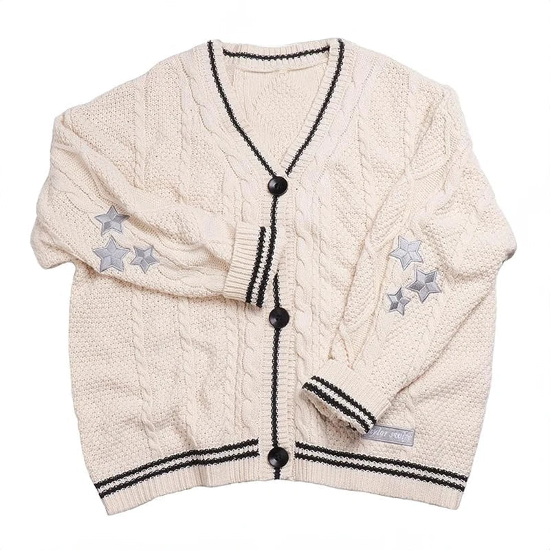 Star Cardigan Women Oversized Button Up Chunky Cable Knitted Sweater with Star Embroidery Sleeve Warm Knitwear Autumn Winter RT220