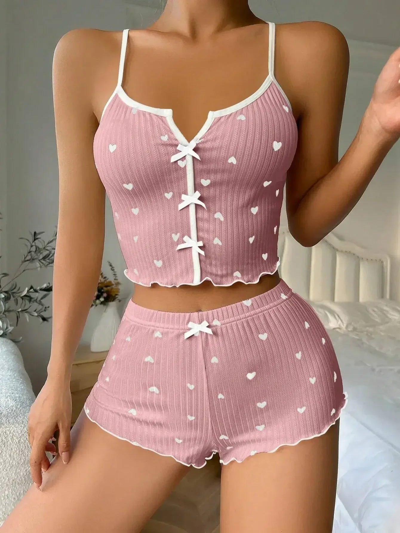 Sleepwear Women Pajamas Set Heart Print Soft Ribbed Fabric with Flirty Frill Trim Casual Cami Top and Shorts Sets Loungewear RT220