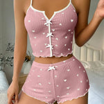 Sleepwear Women Pajamas Set Heart Print Soft Ribbed Fabric with Flirty Frill Trim Casual Cami Top and Shorts Sets Loungewear RT220
