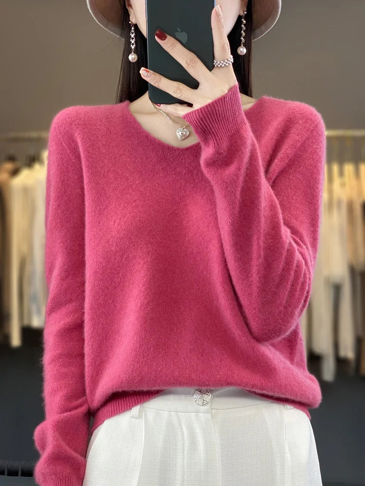 2024 New Womens Basic V-neck Pullover Sweater 100% Merino Wool Long Sleeve Cashmere Knitwear Autumn Winter Female Clothing Tops RT220