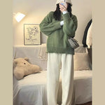 New O-Neck Loose Green Pullover Sweater For Women Autumn Winter Thick Retro Japanese Lazy Style Interior Bottom Knitted Top RT220