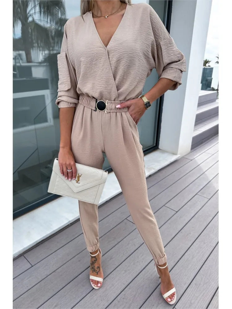 Spring Autumn Casual Solid Color Women's Casual Jumpsuit Pants Fashion Sleeve Slim Fit High Waisted Female Jumpsmall Feet Pants RT220