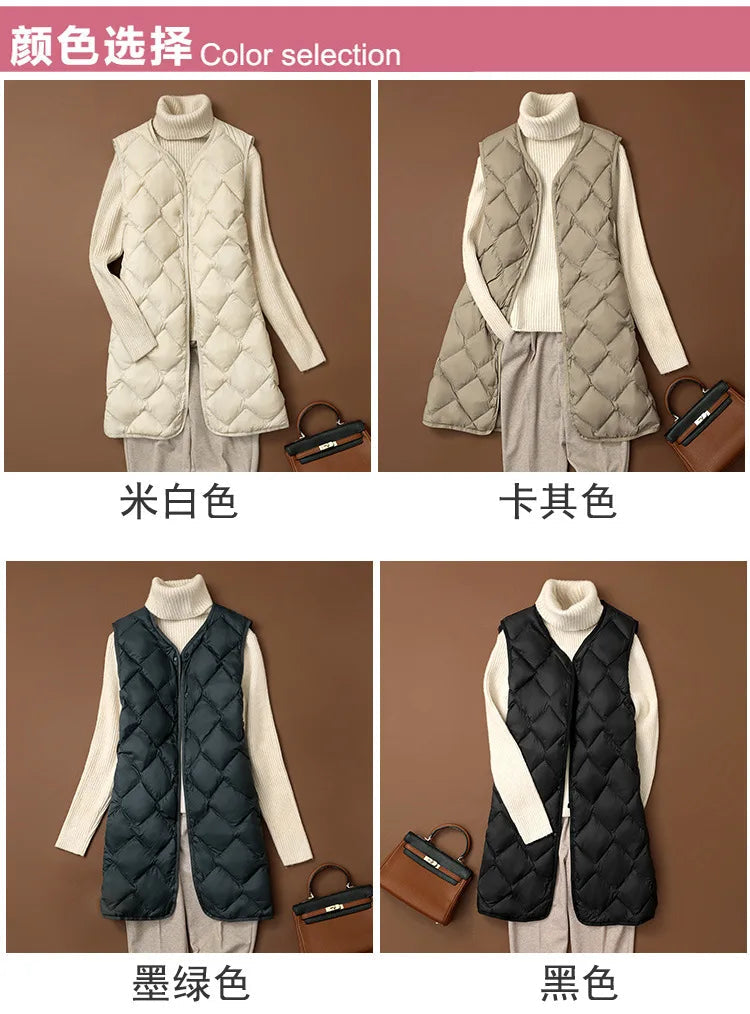 Women Sleeveless X-long Ultra Light Down Jackets 2024 New Arrivals Autumn Winter Korean Fashion V-neck Liner Vest Down Coats 3XL RT220