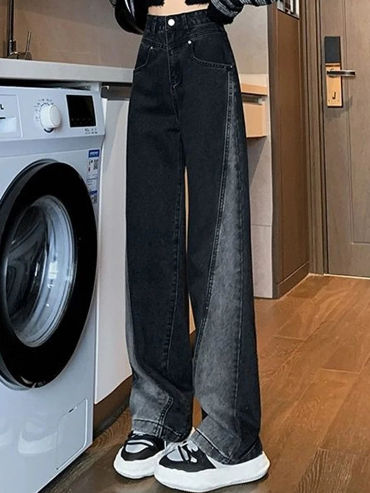 Woman High Waist Jeans Lady American High Street Patchwork Straight Leg Pants Girls Black Gray Contrast Color Wide Leg Trousers RT220