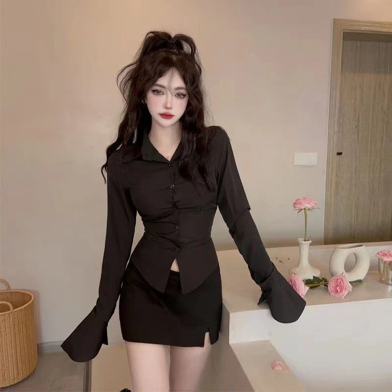 Sexy Slim Bandage Shirts Women Y2K Fashion Lapel Bell Sleeve White Blouses Female Korean Streetwear Spring Buttons Tops New RT220