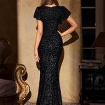 Unithorse V-Neck Floral Sleeve Mermaid Hem Glitter Sequin Black Formal Evening Dress RT220