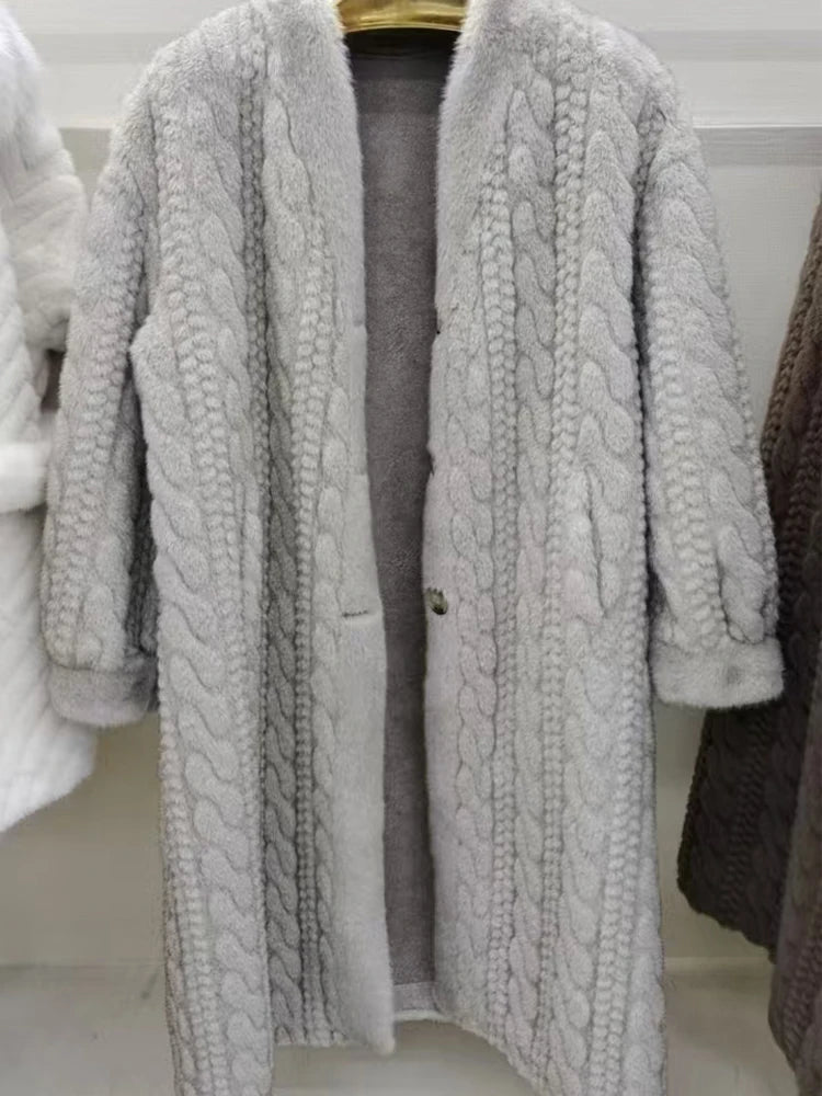 Women Fur Cardigan Thickened Long 2024Autumn Winter V-neck Jacket Female Loose Simple Leisure With Buttons Casual Faux Fur Coat RT220