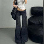 Streetwear Vintage Black Jeans Women American Y2K Slim High Waist Flare Denim Pants Female Casual Multiple Pockets Denim Trouser RT220