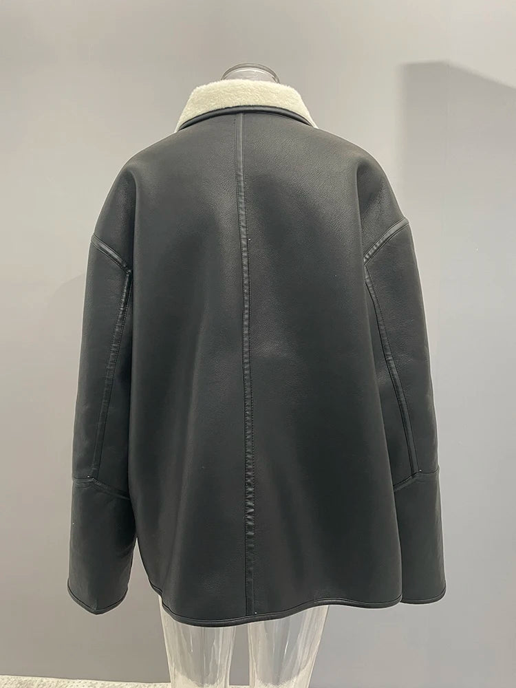 [LANMREM] Faux Fur Thick Warm Coats Lapel Single Breasted Office Lady Elegant Female Outwear Fashion 2025 Winter New 26C1095 RT220